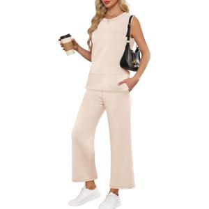 image:imageANRABESS Womens 2 Piece Outfits Summer Beach Vacation Clothes Spring Travel Airport Casual Wide Leg Pants Lounge SetsBeige
