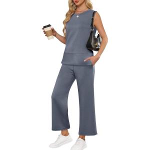 image:imageANRABESS Womens 2 Piece Outfits Summer Beach Vacation Clothes Spring Travel Airport Casual Wide Leg Pants Lounge SetsGrey Blue