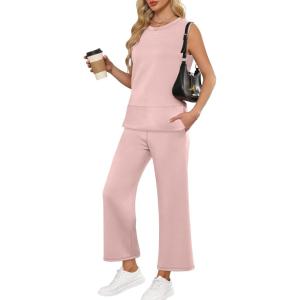 image:imageANRABESS Womens 2 Piece Outfits Summer Beach Vacation Clothes Spring Travel Airport Casual Wide Leg Pants Lounge SetsLight Pink