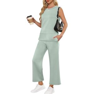 image:imageANRABESS Womens 2 Piece Outfits Summer Beach Vacation Clothes Spring Travel Airport Casual Wide Leg Pants Lounge SetsMint