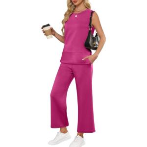 image:imageANRABESS Womens 2 Piece Outfits Summer Beach Vacation Clothes Spring Travel Airport Casual Wide Leg Pants Lounge SetsRose Red