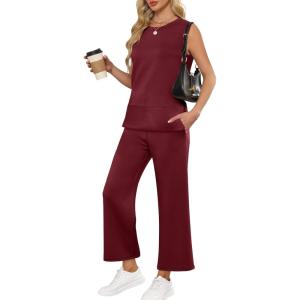 image:imageANRABESS Womens 2 Piece Outfits Summer Beach Vacation Clothes Spring Travel Airport Casual Wide Leg Pants Lounge SetsWine Red