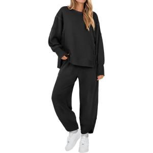 image:imageANRABESS Womens 2 Piece Outfits Sweatsuits Oversized Sweatshirts Barrel Pants Matching Lounge Sets 2025 Fall Travel ClothesBlack