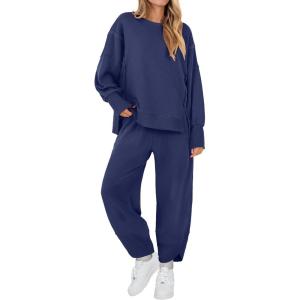 image:imageANRABESS Womens 2 Piece Outfits Sweatsuits Oversized Sweatshirts Barrel Pants Matching Lounge Sets 2025 Fall Travel ClothesNavy Blue