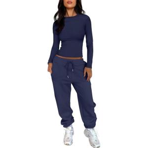 image:imageANRABESS Womens 2 Piece Sweatsuits Long Sleeve Tight Shirt Tops Joggers Fleece Sweatpants Sets 2025 Fall Sweat Lounge OutfitsNavy Blue