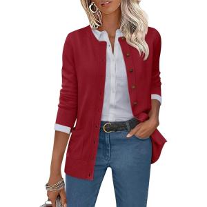 image:imageANRABESS Womens Cardigans 2026 Fall Dressy Casual Long Sleeve Crewneck Button Down Open Front Soft Knit Cardigan SweatersRed
