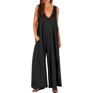 image:imageANRABESS Womens Casual Summer Loose Jumpsuits Sleeveless Tank V Neck Wide Leg Long Pant Rompers Baggy Jumper with PocketsBlack
