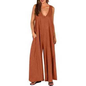 image:imageANRABESS Womens Casual Summer Loose Jumpsuits Sleeveless Tank V Neck Wide Leg Long Pant Rompers Baggy Jumper with PocketsBrick Red