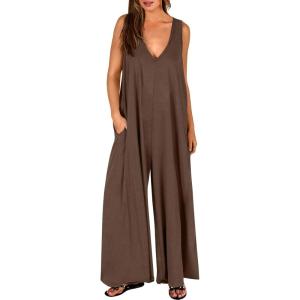 image:imageANRABESS Womens Casual Summer Loose Jumpsuits Sleeveless Tank V Neck Wide Leg Long Pant Rompers Baggy Jumper with PocketsCoffee