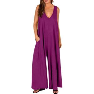 image:imageANRABESS Womens Casual Summer Loose Jumpsuits Sleeveless Tank V Neck Wide Leg Long Pant Rompers Baggy Jumper with PocketsDark Purple