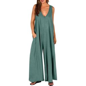 image:imageANRABESS Womens Casual Summer Loose Jumpsuits Sleeveless Tank V Neck Wide Leg Long Pant Rompers Baggy Jumper with PocketsGreen