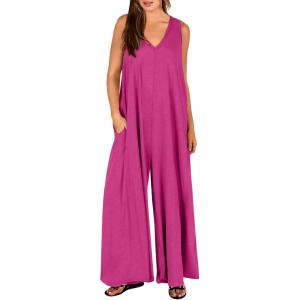 image:imageANRABESS Womens Casual Summer Loose Jumpsuits Sleeveless Tank V Neck Wide Leg Long Pant Rompers Baggy Jumper with PocketsHot Pink