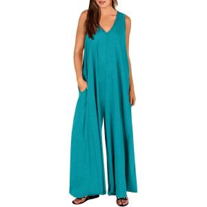 image:imageANRABESS Womens Casual Summer Loose Jumpsuits Sleeveless Tank V Neck Wide Leg Long Pant Rompers Baggy Jumper with PocketsLake Green