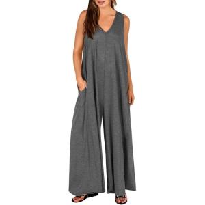 image:imageANRABESS Womens Casual Summer Loose Jumpsuits Sleeveless Tank V Neck Wide Leg Long Pant Rompers Baggy Jumper with PocketsLight Grey