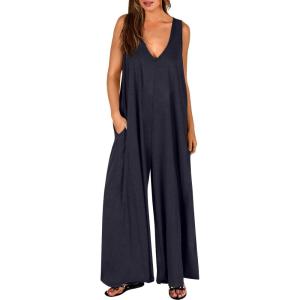 image:imageANRABESS Womens Casual Summer Loose Jumpsuits Sleeveless Tank V Neck Wide Leg Long Pant Rompers Baggy Jumper with PocketsNavy Blue