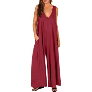 image:imageANRABESS Womens Casual Summer Loose Jumpsuits Sleeveless Tank V Neck Wide Leg Long Pant Rompers Baggy Jumper with PocketsWine Red
