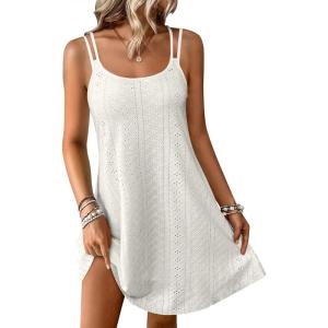 image:imageANRABESS Womens Cover Up 2026 Beach Vacation Tank Dress Eyelet Spaghetti Strap Bathing Suit Summer Swimsuits Mini SundressBeige