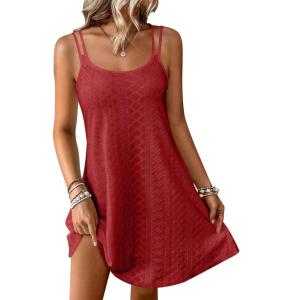 image:imageANRABESS Womens Cover Up 2026 Beach Vacation Tank Dress Eyelet Spaghetti Strap Bathing Suit Summer Swimsuits Mini SundressRed