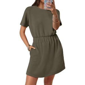 image:imageANRABESS Womens Dresses 2026 Summer Casual Short Sleeve Crew Neck Elastic Waist Mini T Shirt Dress with PocketsArmy Green