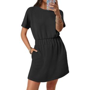 image:imageANRABESS Womens Dresses 2026 Summer Casual Short Sleeve Crew Neck Elastic Waist Mini T Shirt Dress with PocketsBlack