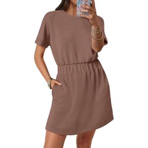 image:imageANRABESS Womens Dresses 2026 Summer Casual Short Sleeve Crew Neck Elastic Waist Mini T Shirt Dress with PocketsBrown
