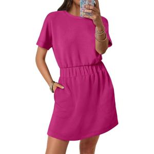 image:imageANRABESS Womens Dresses 2026 Summer Casual Short Sleeve Crew Neck Elastic Waist Mini T Shirt Dress with PocketsHot Pink