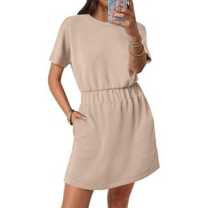 image:imageANRABESS Womens Dresses 2026 Summer Casual Short Sleeve Crew Neck Elastic Waist Mini T Shirt Dress with PocketsKhaki