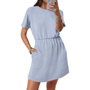 image:imageANRABESS Womens Dresses 2026 Summer Casual Short Sleeve Crew Neck Elastic Waist Mini T Shirt Dress with PocketsLight Blue