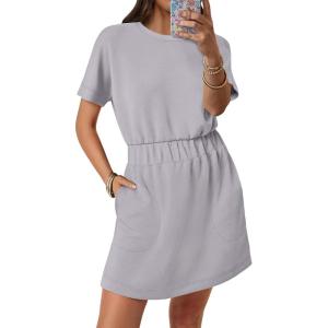 image:imageANRABESS Womens Dresses 2026 Summer Casual Short Sleeve Crew Neck Elastic Waist Mini T Shirt Dress with PocketsLight Grey
