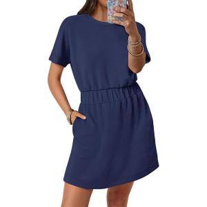 image:imageANRABESS Womens Dresses 2026 Summer Casual Short Sleeve Crew Neck Elastic Waist Mini T Shirt Dress with PocketsNavy Blue