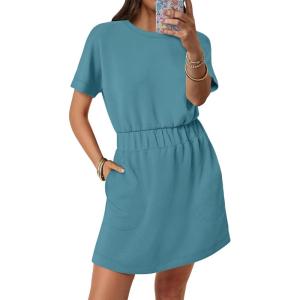 image:imageANRABESS Womens Dresses 2026 Summer Casual Short Sleeve Crew Neck Elastic Waist Mini T Shirt Dress with PocketsTeal
