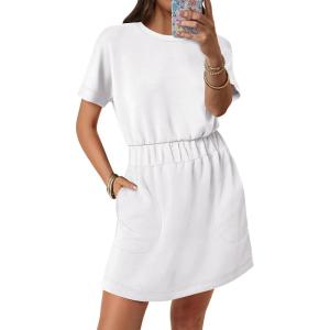 image:imageANRABESS Womens Dresses 2026 Summer Casual Short Sleeve Crew Neck Elastic Waist Mini T Shirt Dress with PocketsWhite