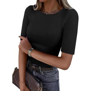 image:imageANRABESS Womens Half Sleeve Crewneck Tops Ribbed Knit Slim Fit Shirts Basic Tee 2026 Spring Summer Dressy Casual TShirtsBlack