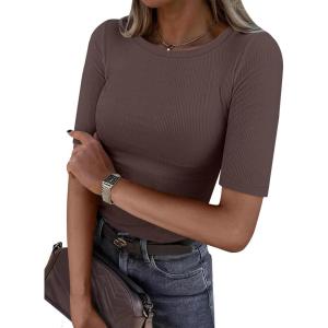 image:imageANRABESS Womens Half Sleeve Crewneck Tops Ribbed Knit Slim Fit Shirts Basic Tee 2026 Spring Summer Dressy Casual TShirtsCoffee