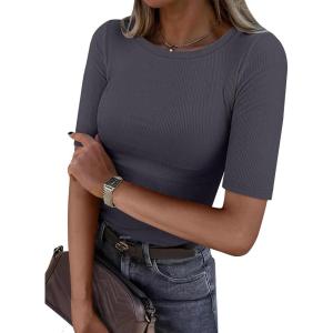 image:imageANRABESS Womens Half Sleeve Crewneck Tops Ribbed Knit Slim Fit Shirts Basic Tee 2026 Spring Summer Dressy Casual TShirtsDeep Grey