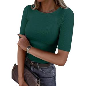 image:imageANRABESS Womens Half Sleeve Crewneck Tops Ribbed Knit Slim Fit Shirts Basic Tee 2026 Spring Summer Dressy Casual TShirtsForest Green