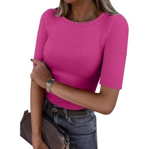 image:imageANRABESS Womens Half Sleeve Crewneck Tops Ribbed Knit Slim Fit Shirts Basic Tee 2026 Spring Summer Dressy Casual TShirtsHot Pink