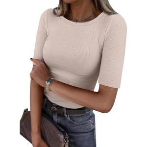 image:imageANRABESS Womens Half Sleeve Crewneck Tops Ribbed Knit Slim Fit Shirts Basic Tee 2026 Spring Summer Dressy Casual TShirtsLight Apricot