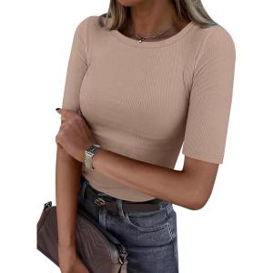 image:imageANRABESS Womens Half Sleeve Crewneck Tops Ribbed Knit Slim Fit Shirts Basic Tee 2026 Spring Summer Dressy Casual TShirtsLight Khaki