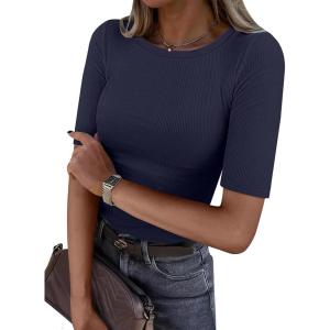 image:imageANRABESS Womens Half Sleeve Crewneck Tops Ribbed Knit Slim Fit Shirts Basic Tee 2026 Spring Summer Dressy Casual TShirtsNavy Blue