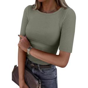 image:imageANRABESS Womens Half Sleeve Crewneck Tops Ribbed Knit Slim Fit Shirts Basic Tee 2026 Spring Summer Dressy Casual TShirtsSage Green
