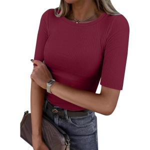 image:imageANRABESS Womens Half Sleeve Crewneck Tops Ribbed Knit Slim Fit Shirts Basic Tee 2026 Spring Summer Dressy Casual TShirtsWine Red
