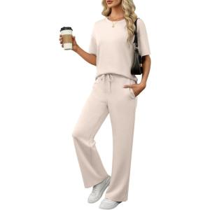 image:imageANRABESS Womens Lounge Sets 2 Piece Outfits 2026 Summer Casual Short Sleeve Sweatsuits Matching Tracksuits Wide Leg Pant SetApricot