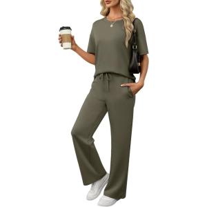 image:imageANRABESS Womens Lounge Sets 2 Piece Outfits 2026 Summer Casual Short Sleeve Sweatsuits Matching Tracksuits Wide Leg Pant SetArmy Green