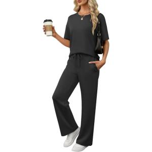 image:imageANRABESS Womens Lounge Sets 2 Piece Outfits 2026 Summer Casual Short Sleeve Sweatsuits Matching Tracksuits Wide Leg Pant SetBlack