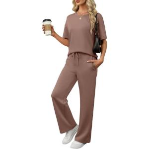 image:imageANRABESS Womens Lounge Sets 2 Piece Outfits 2026 Summer Casual Short Sleeve Sweatsuits Matching Tracksuits Wide Leg Pant SetBrown