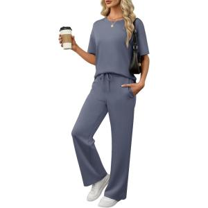 image:imageANRABESS Womens Lounge Sets 2 Piece Outfits 2026 Summer Casual Short Sleeve Sweatsuits Matching Tracksuits Wide Leg Pant SetDeep Gray