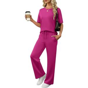 image:imageANRABESS Womens Lounge Sets 2 Piece Outfits 2026 Summer Casual Short Sleeve Sweatsuits Matching Tracksuits Wide Leg Pant SetHot Pink