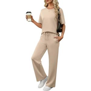 image:imageANRABESS Womens Lounge Sets 2 Piece Outfits 2026 Summer Casual Short Sleeve Sweatsuits Matching Tracksuits Wide Leg Pant SetKhaki