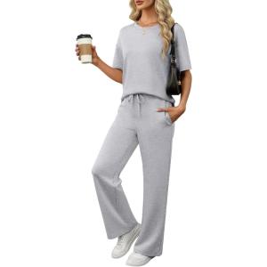 image:imageANRABESS Womens Lounge Sets 2 Piece Outfits 2026 Summer Casual Short Sleeve Sweatsuits Matching Tracksuits Wide Leg Pant SetLight Grey
